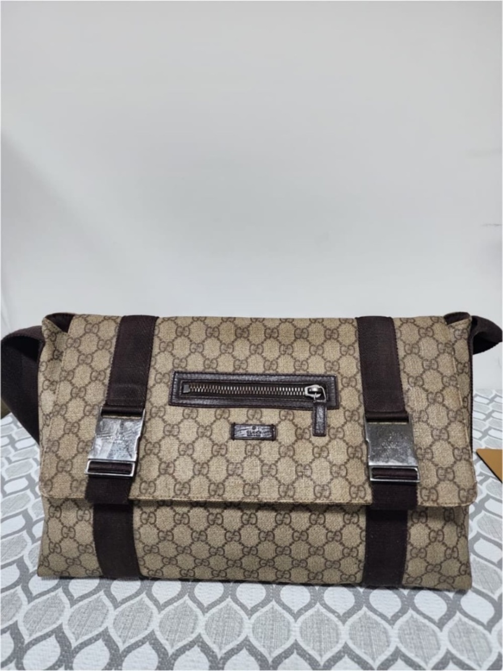 Authentic GUCCI GG Plus Monogram Double Buckle Flap Messenger Bag Beige/Brown - Picture 12 of 15